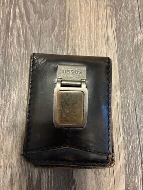 Fossil Black Leather Money Clip Wallet with Brushed Silver Clip
